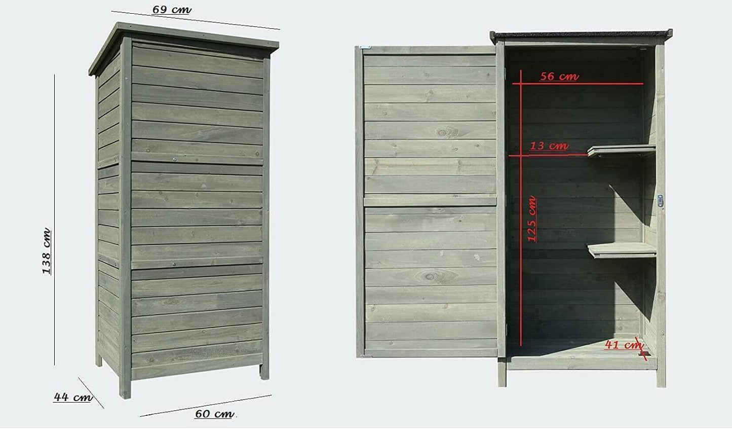 142 cm Tall Shabby Wooden Outdoor Slim Garden Shed Tool Storage Cabinet Cupboard In Grey Colour