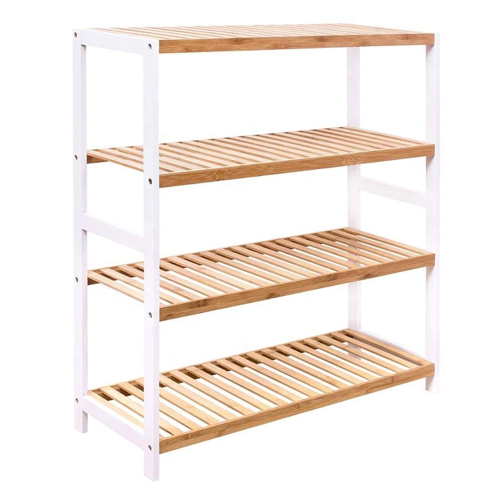 4 Tier Natural Bamboo Wood Shoe Rack Storage Shelf Stand Organiser Hallway Furniture, 16 Pair of Shoes,Ideal of Corridor, Living Room,Bathroom, Bedroom or Hallway (Natural & White)