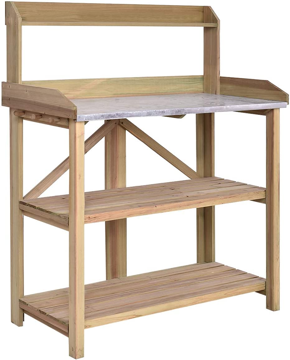 HYGRAD BUILT TO SURVIVE 3 Tier Wooden Potting Planting Outdoor Garden Work Bench Table Station Storage Shelf With Tray & A Drawer