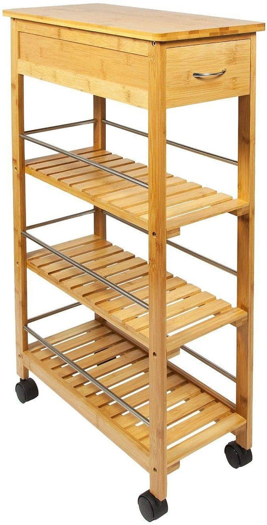 HYGRAD BUILT TO SURVIVE 4 Tier Slim Portable Natural Bamboo Space Saver Wood Kitchen Trolley Organiser Cart Island Storage Basket