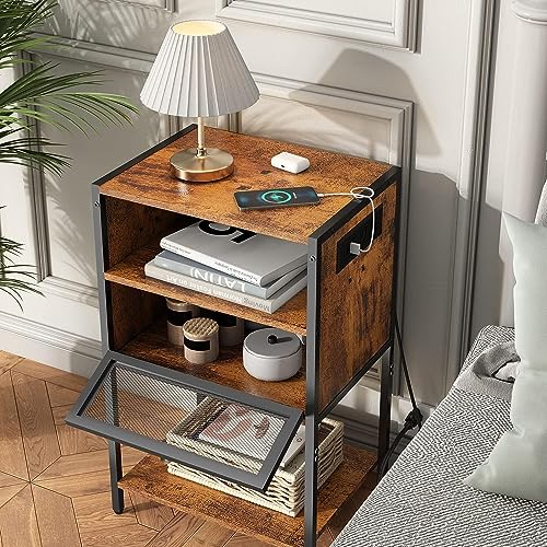 HYGRAD BUILT TO SURVIVE 3 Tier Industrial Look Wooden Nightstand Bedside Table With Drawer Storage & Charging Station UK Outlets USB Ports