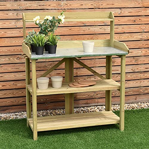 HYGRAD BUILT TO SURVIVE 3 Tier Wooden Potting Planting Outdoor Garden Work Bench Table Station Storage Shelf Tray Wood Garden Planting Work Station Bench with Hooks and Shelves for Patios/Courtyards,