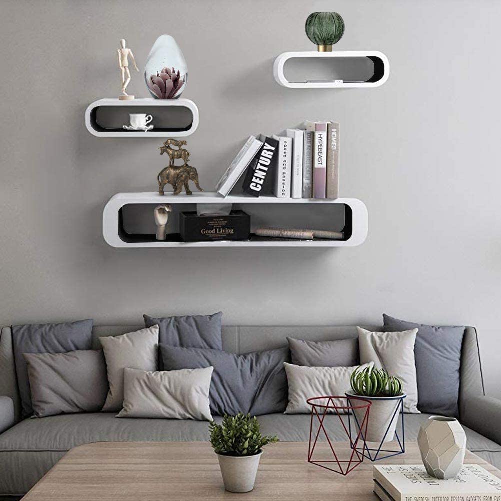 HYGRAD BUILT TO SURVIVE Set Of 3 Oval Floating Wall Hanging Shelves Shelf Book Case Display Unit In Colours