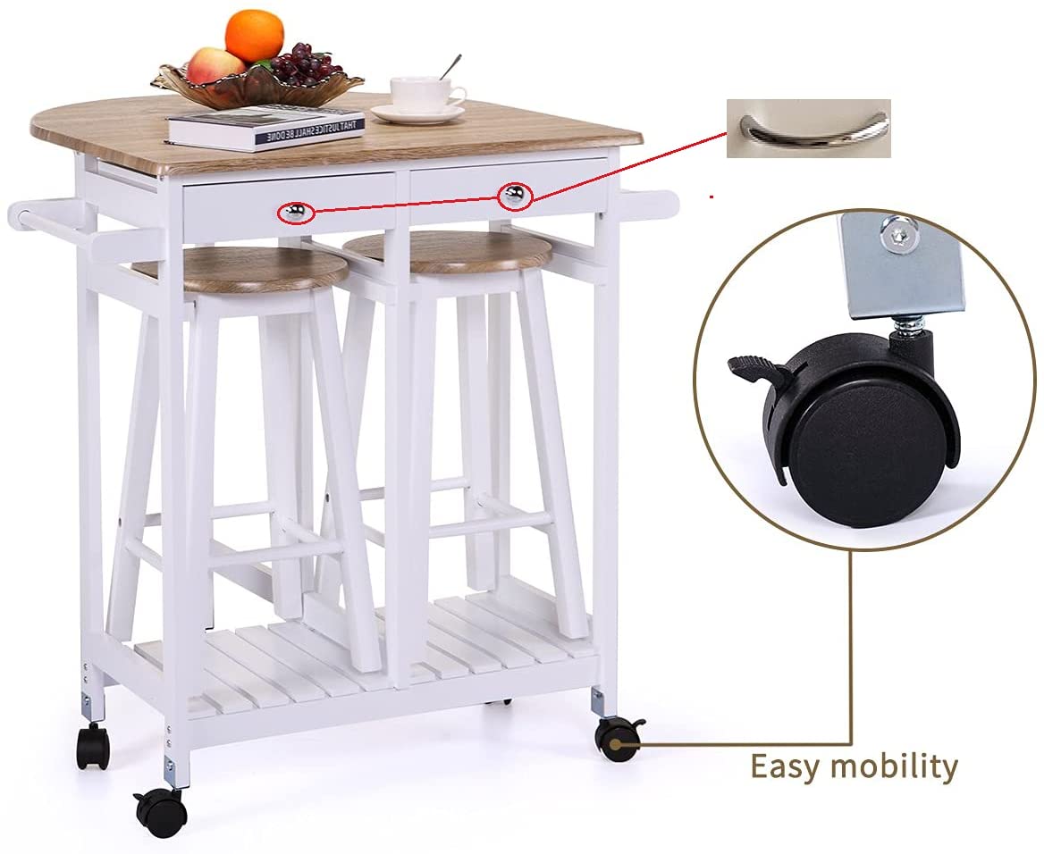 White Wooden Portable Drop Leaf Folding Rolling Kitchen Island Trolley Table Desk with Stools