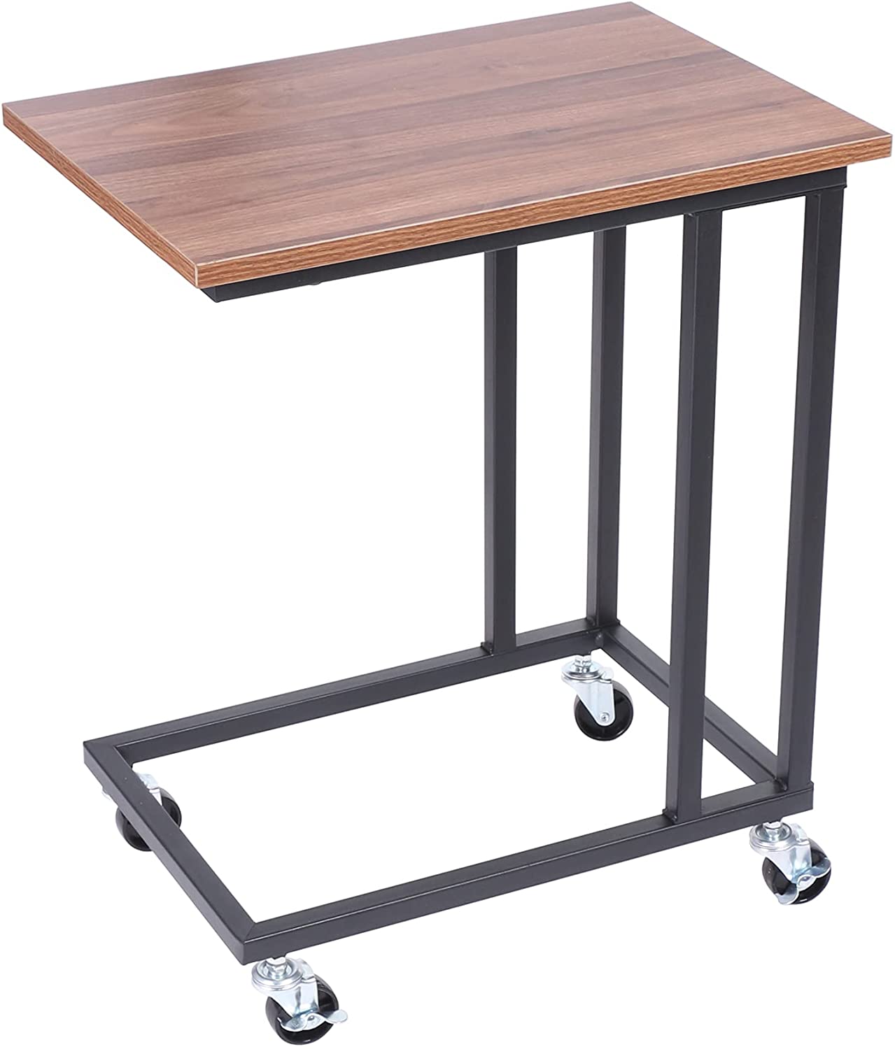 Vintage Brown C Shaped Industrial Wooden/Steel Bedside Sofa Coffee Laptop Rolling End Table Desk