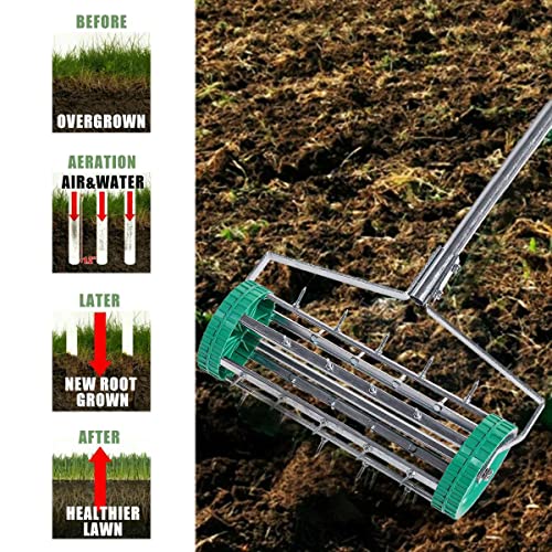 HYGRAD BUILT TO SURVIVE Outdoor Manual Rotary Roller Garden Lawn Spike Aerator Telescope Handle Gardening Dethatching and Soil Aerating Tools