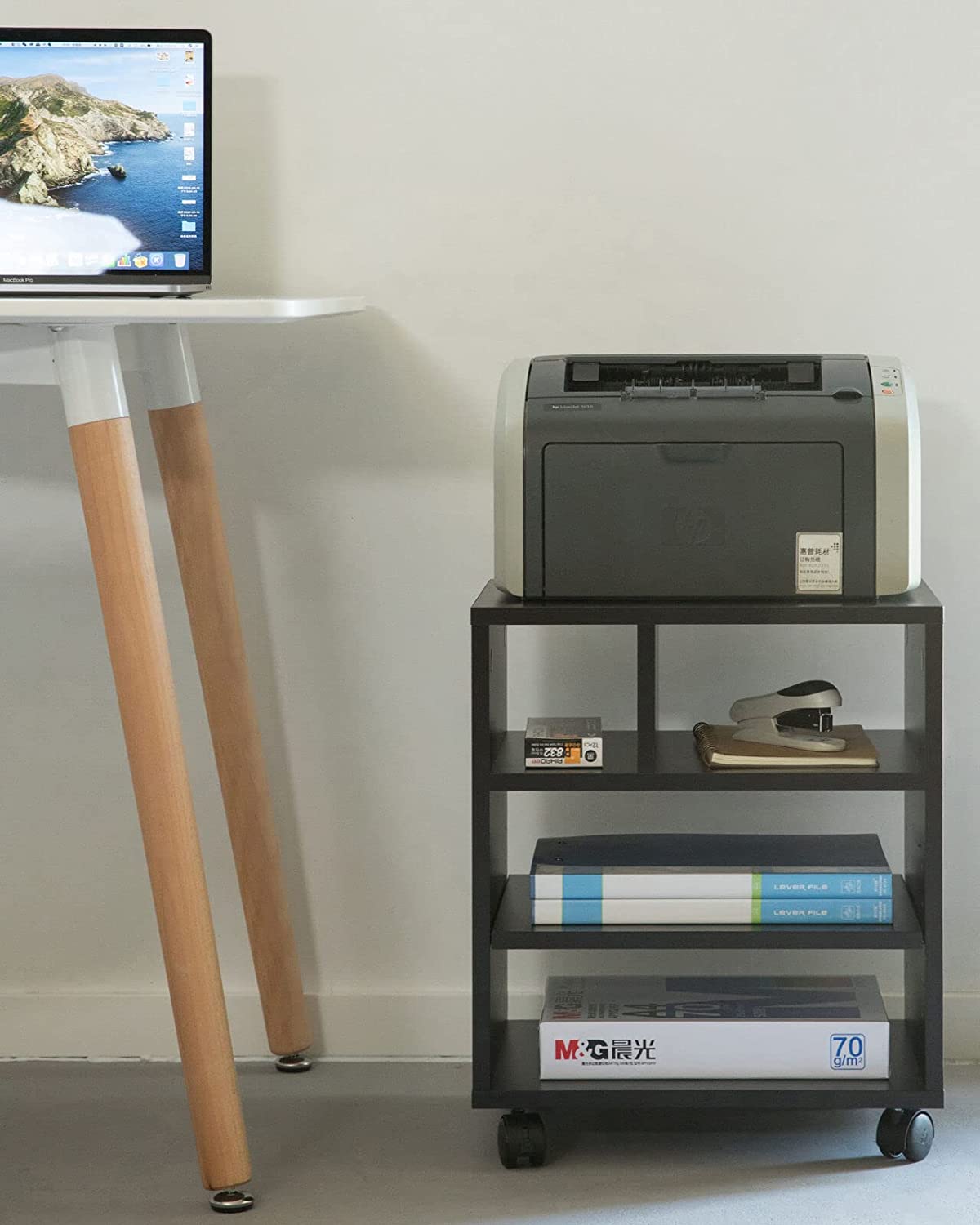 Black Portable Wooden Rolling Side End Corner Printer Table Desk For Home Office Study