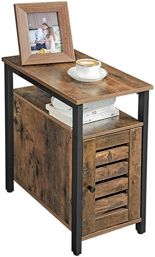Industrial Rustic Wood/Steel Narrow End Sofa Side Table Shelf With Shutter Door Storage