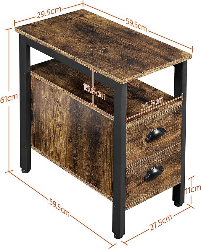 HYGRAD BUILT TO SURVIVE Industrial Look Rustic Wooden Narrow Space Saving End Bed Side Coffee Table Nightstand With 2 Drawers