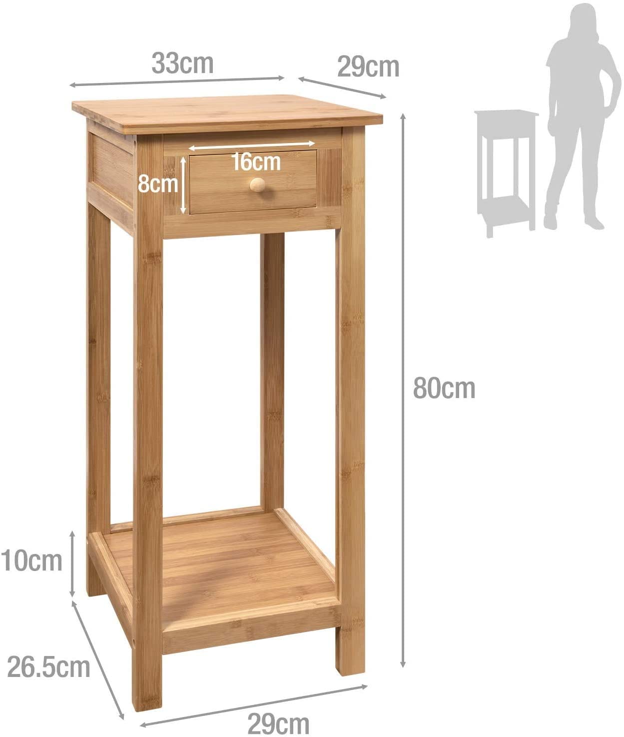 Hygrad Bamboo Tall Side Bedroom Living Room Table Nightstand with drawer and lower shelf