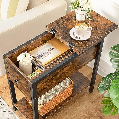 HYGRAD BUILT TO SURVIVE Industrial Look 2 Tier Wooden End Table Night Stand Drawer Cabinet Narrow, Slim Bedside Table for Small Spaces, Flip Top with Storage Shelf, Lamp Table for Sofa, Rustic Brown