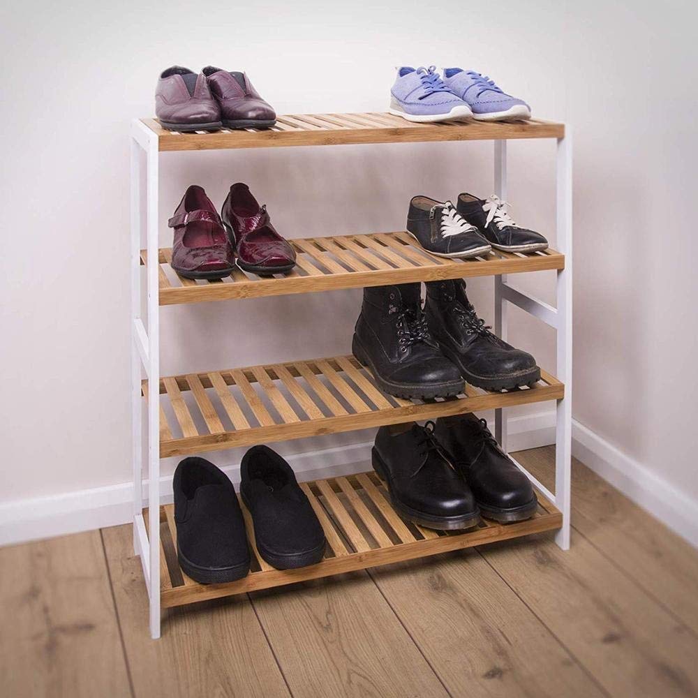 4 Tier Natural Bamboo Wood Shoe Rack Storage Shelf Stand Organiser Hallway Furniture, 16 Pair of Shoes,Ideal of Corridor, Living Room,Bathroom, Bedroom or Hallway (Natural & White)