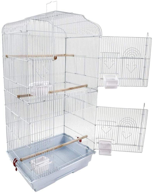 37" Rooftop Metal Large Bird Parrot Cage Carrier For Canary Budgie Cockatiel In Black & White (White)