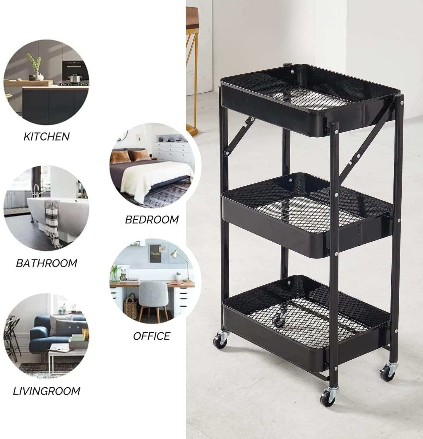 3 Tier Multipurpose Metal Mesh Rolling Foldable Cart Trolley For Salon Work Office Home