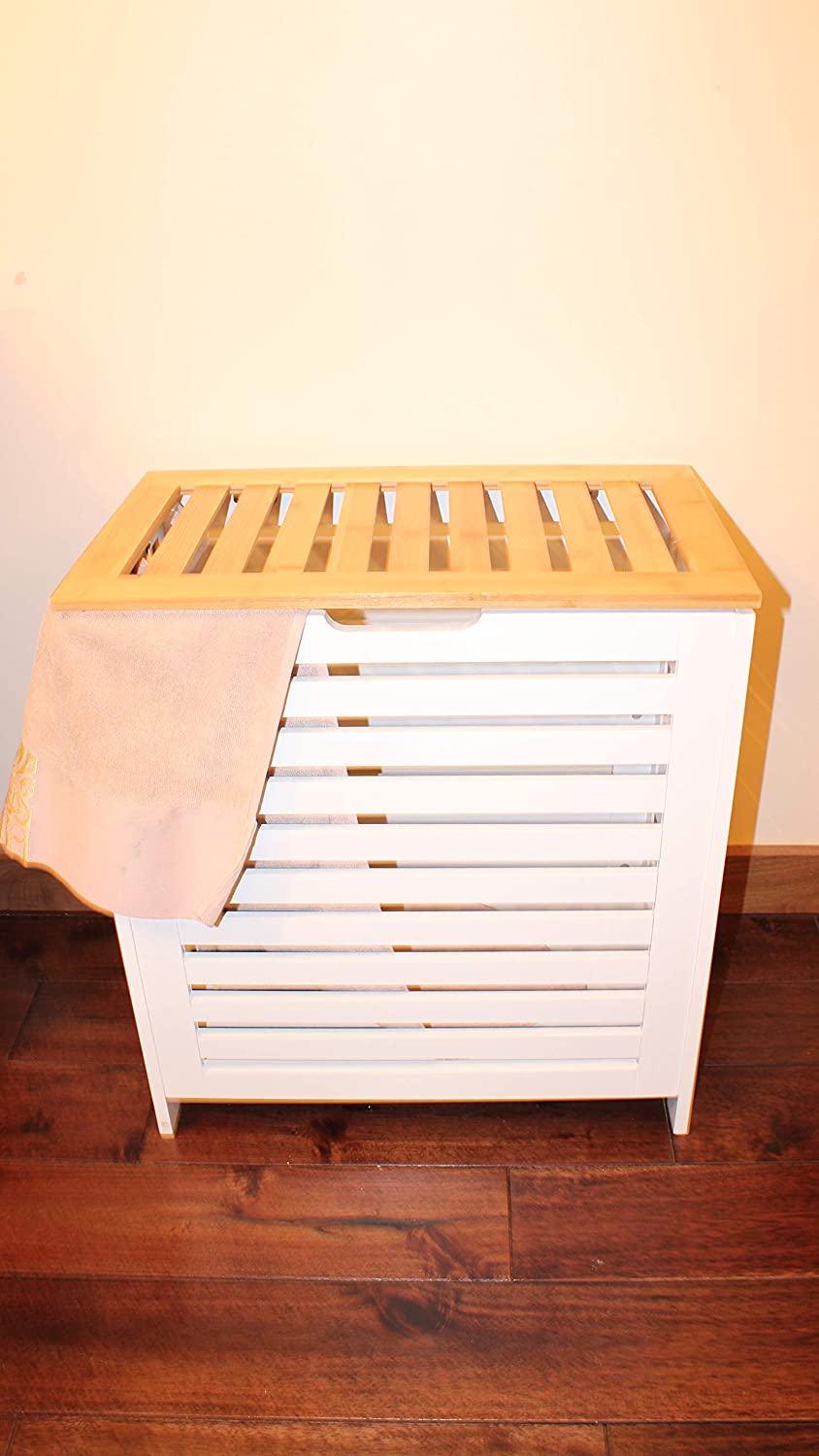 Large White/Oak Wooden Laundry Clothes Bin Basket Rectangle Hamper Storage Bathroom Bedroom Lid