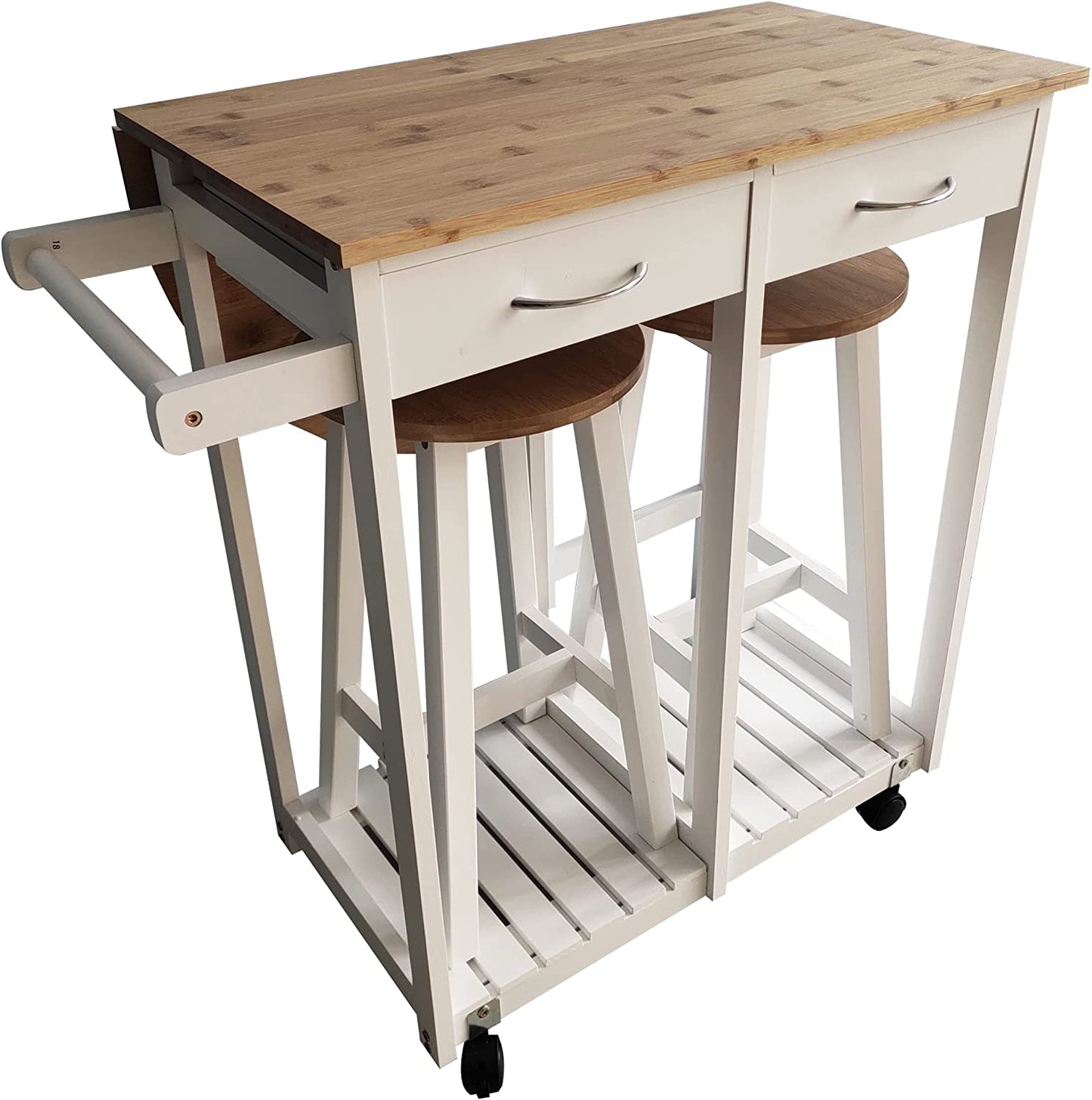 White Wooden Portable Drop Leaf Folding Rolling Kitchen Island Trolley Table Desk with Stools