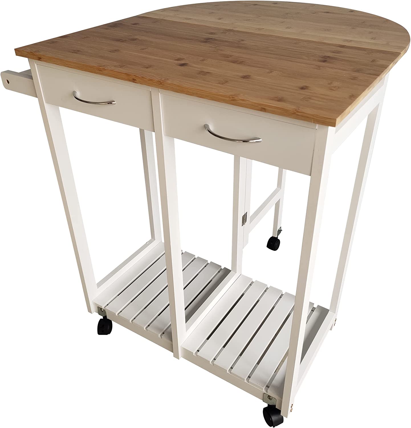 White Wooden Portable Drop Leaf Folding Rolling Kitchen Island Trolley Table Desk with Stools