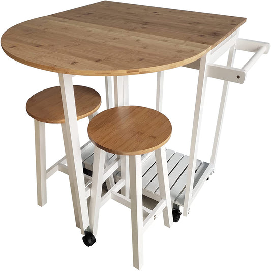 White Wooden Portable Drop Leaf Folding Rolling Kitchen Island Trolley Table Desk with Stools