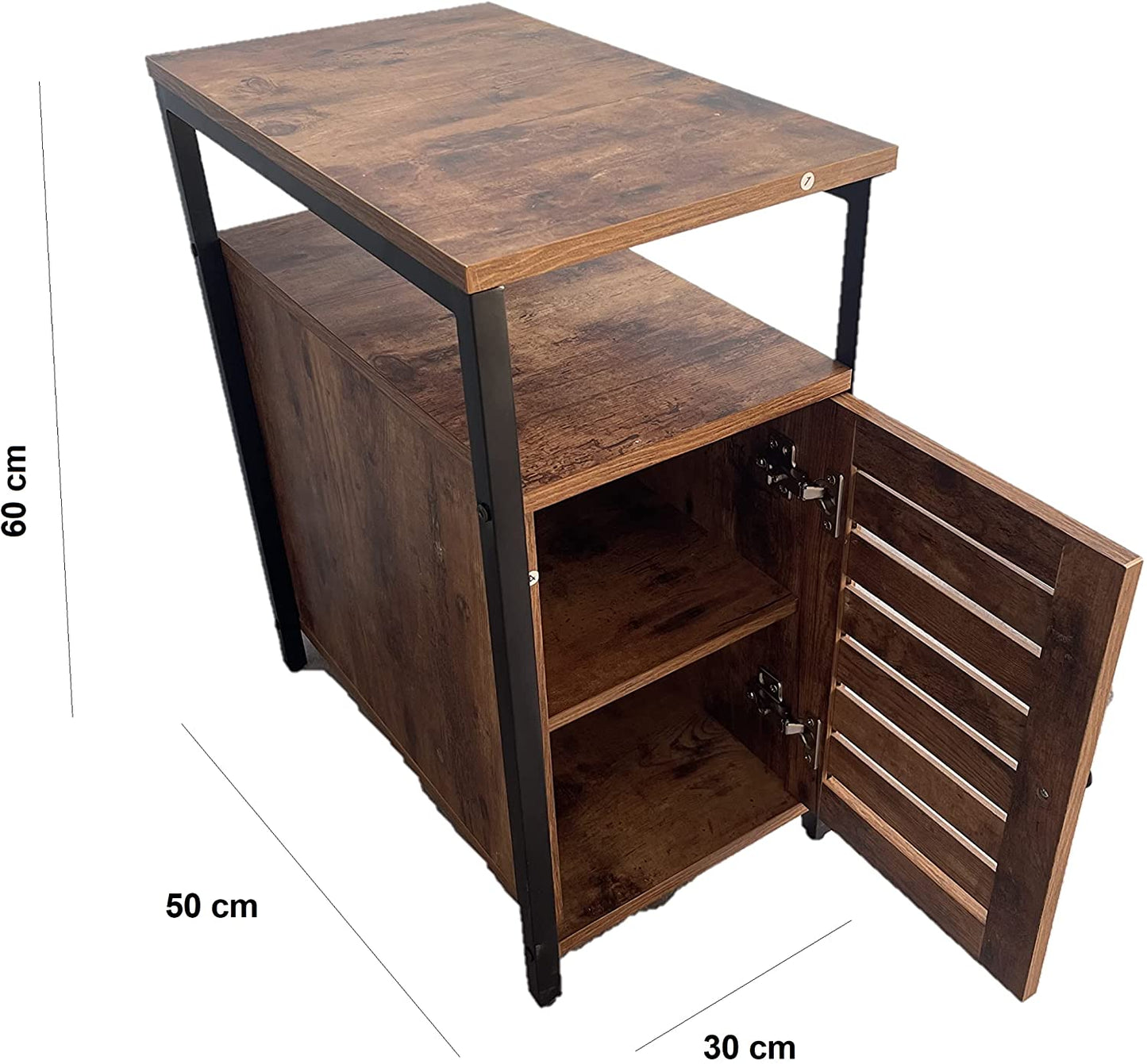 Industrial Rustic Wood/Steel Narrow End Sofa Side Table Shelf With Shutter Door Storage