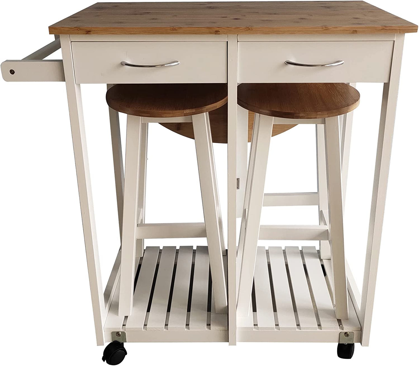 White Wooden Portable Drop Leaf Folding Rolling Kitchen Island Trolley Table Desk with Stools