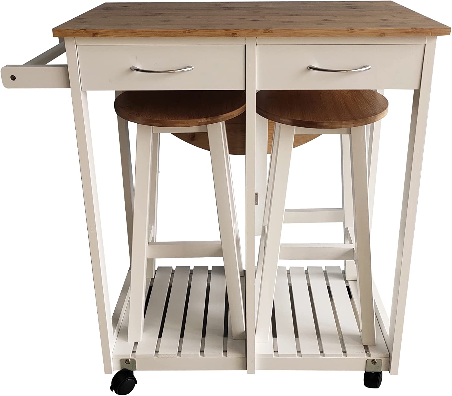 White Wooden Portable Drop Leaf Folding Rolling Kitchen Island Trolley Table Desk with Stools