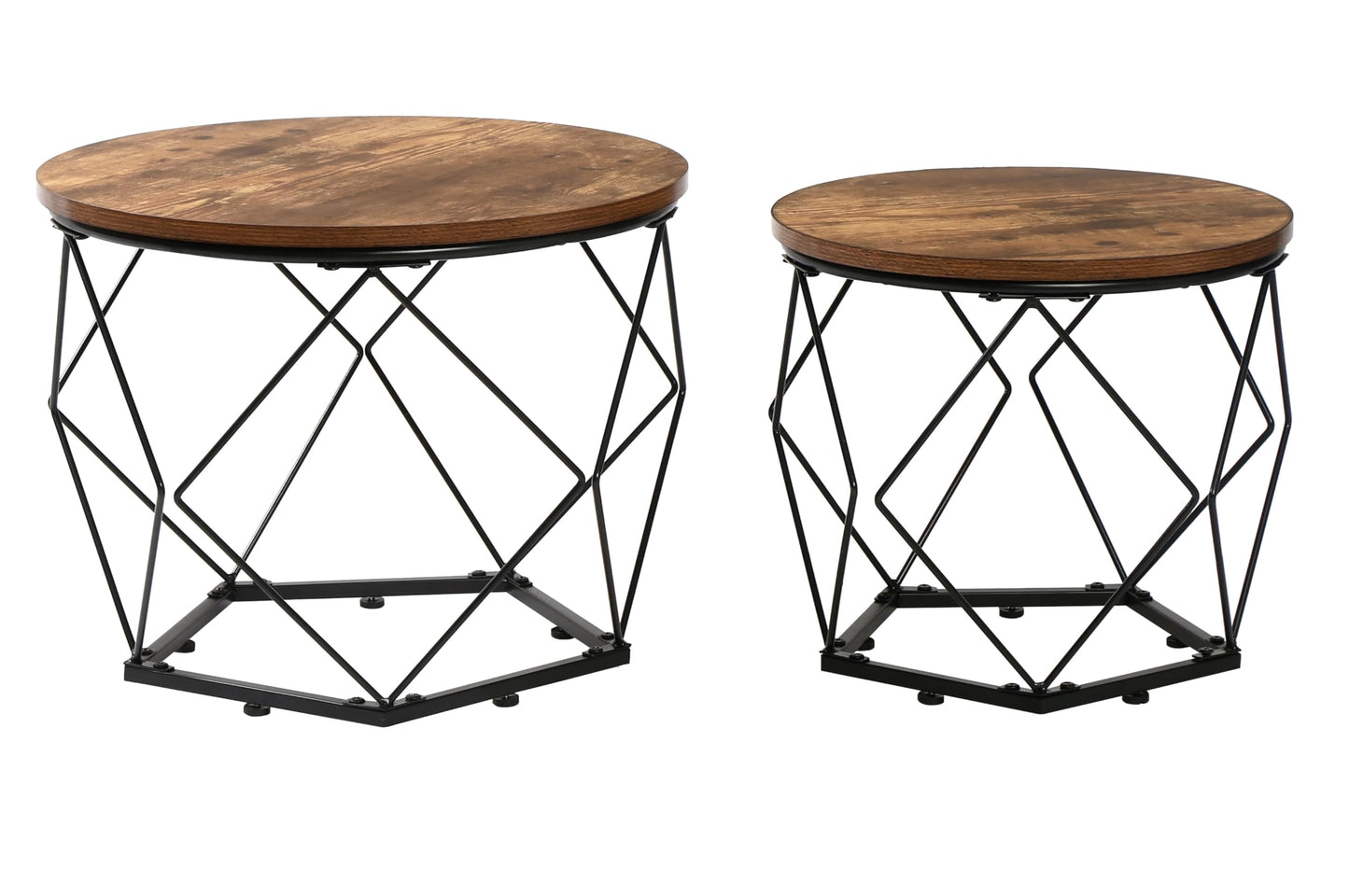 HYGRAD BUILT TO SURVIVE 2 x Set Of Round Industrial Look Rustic End Nesting Side End Tables Stools With Crystal shape Metal Frame
