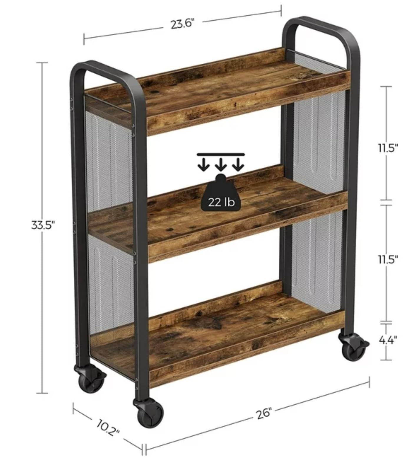 HYGRAD BUILT TO SURVIVE Wooden/Metal Industrial Look Rustic Narrow Rolling Kitchen Serving Cart Shelf Organiser Trolley With Wheels
