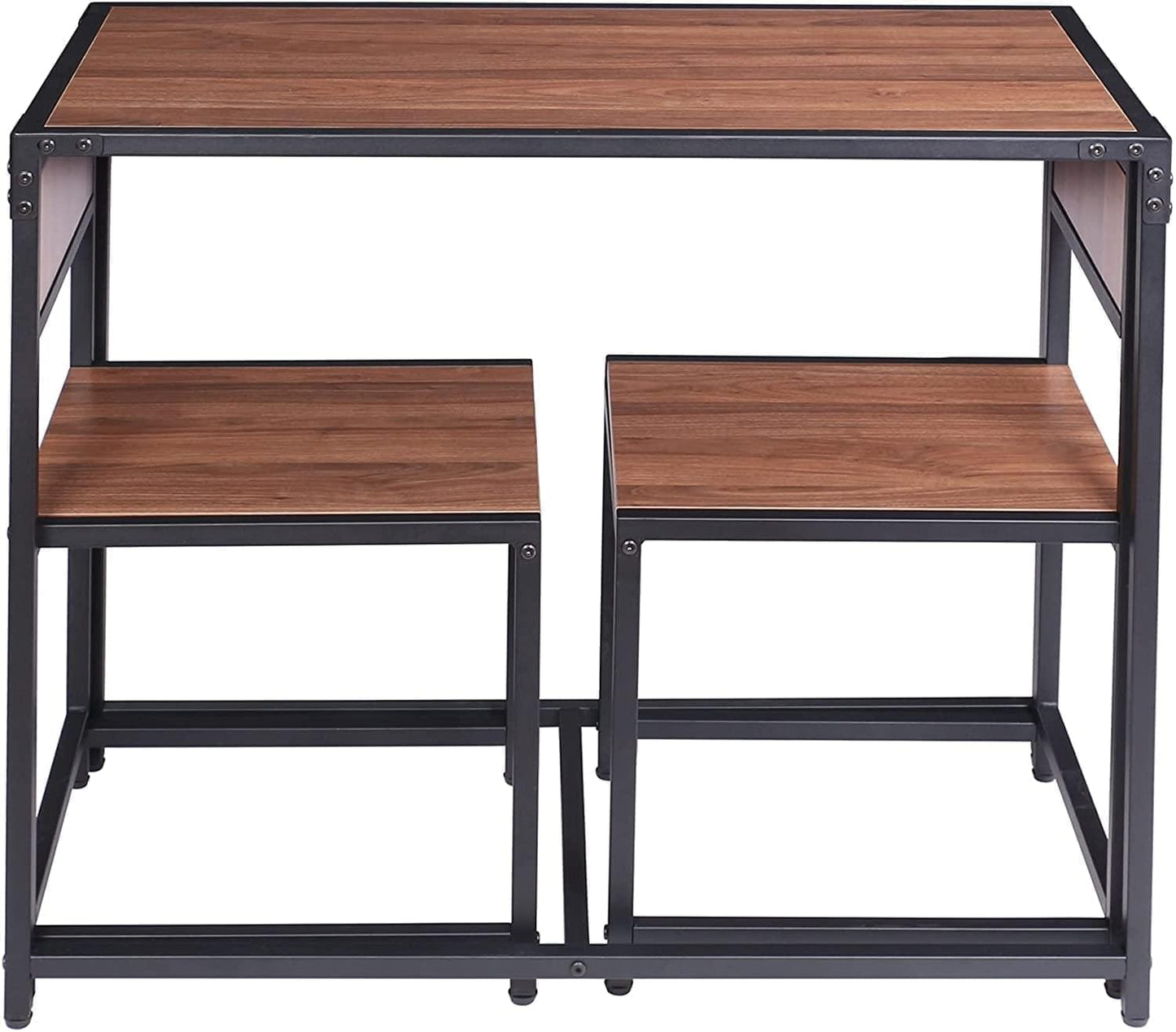 3 Pcs Industrial Walnut Wood/Metal Steel Dining Room Dinette Breakfast Kitchen Table & Chair Set