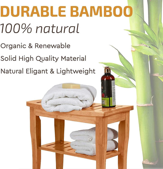2 Tier Slatted Premium Natural Bamboo Wood Bathroom Stool Bench Seat Shoe Rack Shelf Organizer