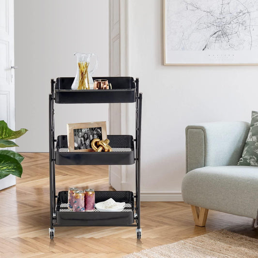 3 Tier Multipurpose Metal Mesh Rolling Foldable Cart Trolley For Salon Work Office Home