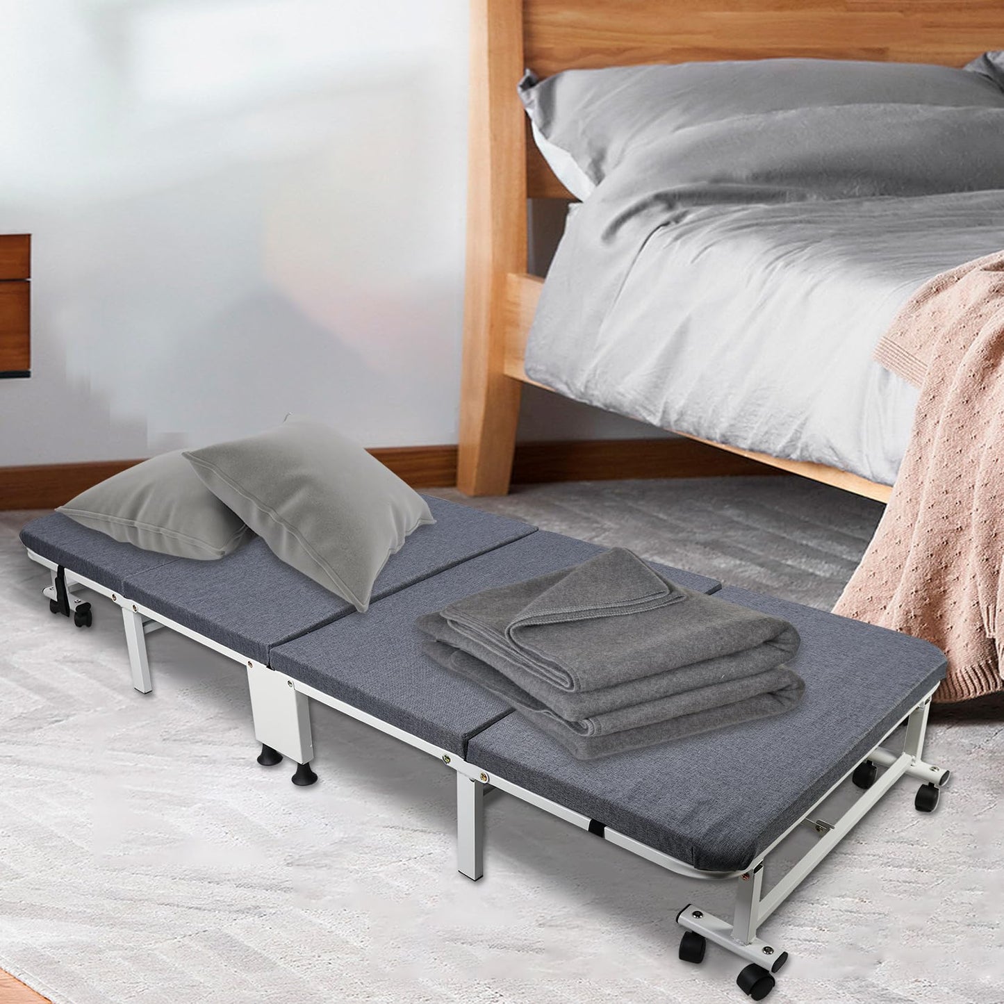 HYGRAD BUILT TO SURVIVE White Metal Rollaway Folding Reclining Massage Garden Hospital Cot Bed With Grey Mattress (190.5 x 79.5 x 27.5 cm)