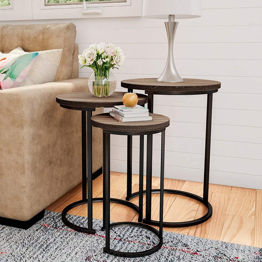 Set of 3 Round Vintage Wooden/Steel Nesting Side Coffee Tables Hallway Bedroom Living Furniture