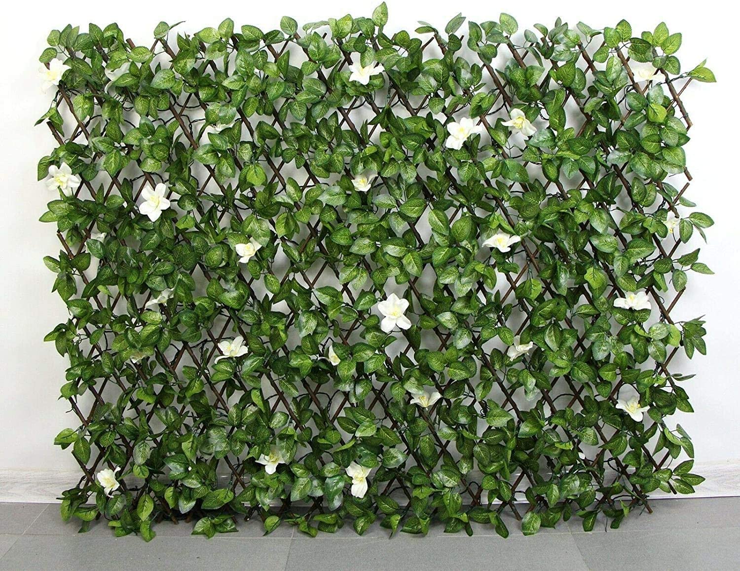 HYGRAD BUILT TO SURVIVE Expanding Wooden Garden Trellis Fence Screen With Artificial Plant Leaves & Flowers 1M x 2M (Not expanded)