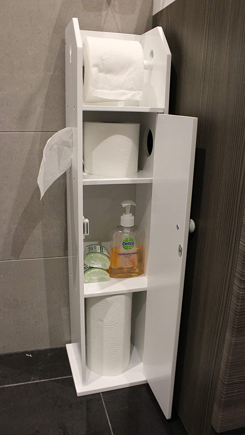 HYGRAD BUILT TO SURVIVE White Wooden Free Floor Standing Toilet Roll Tissue Paper Cabinet Bathroom Organiser Storage Cupboard