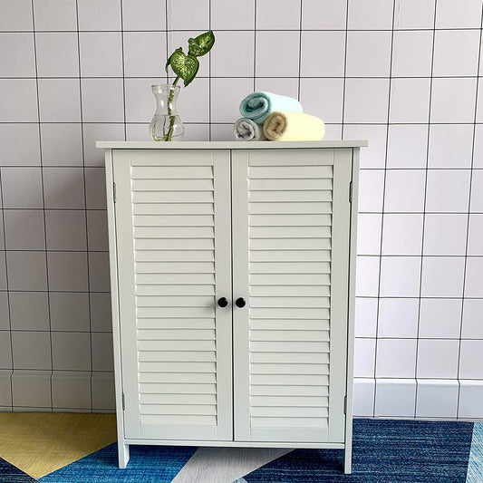 HYGRAD BUILT TO SURVIVE Cabinet White Bamboo Wood Free Standing 2 Door Bathroom Toilet Cabinet Organiser Shelf Cupboard