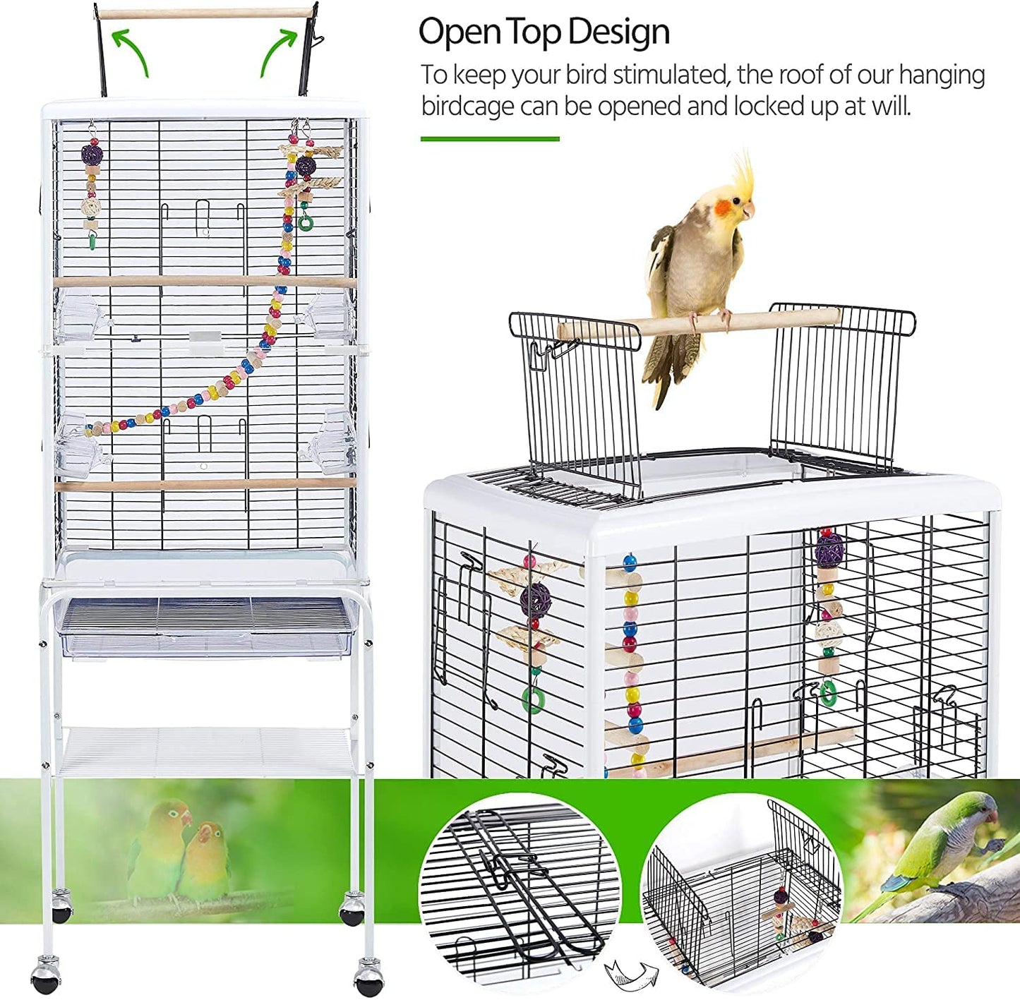 White Large 131cm Open Top Transparent Clear Rolling Portable Metal Bird Cage With Wheels & Tray For Cockatiel Cockatoo Parrot Budgie