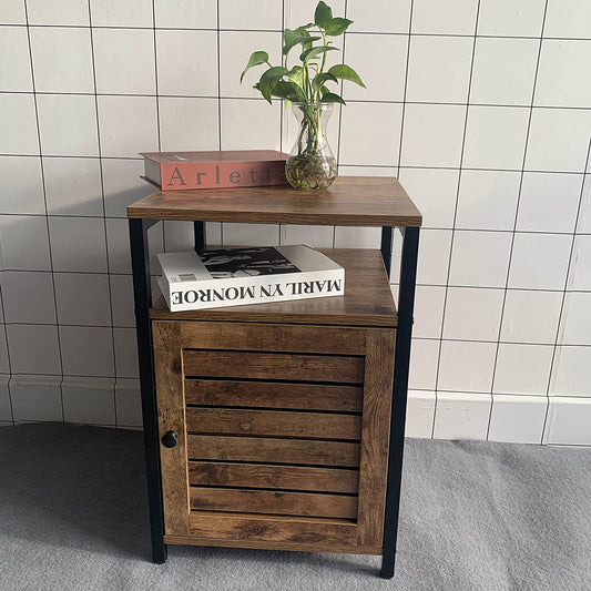 Industrial Style Wooden/Steel Rustic Bedside End Table Nightstand Shelf Cabinet With Shutter Door