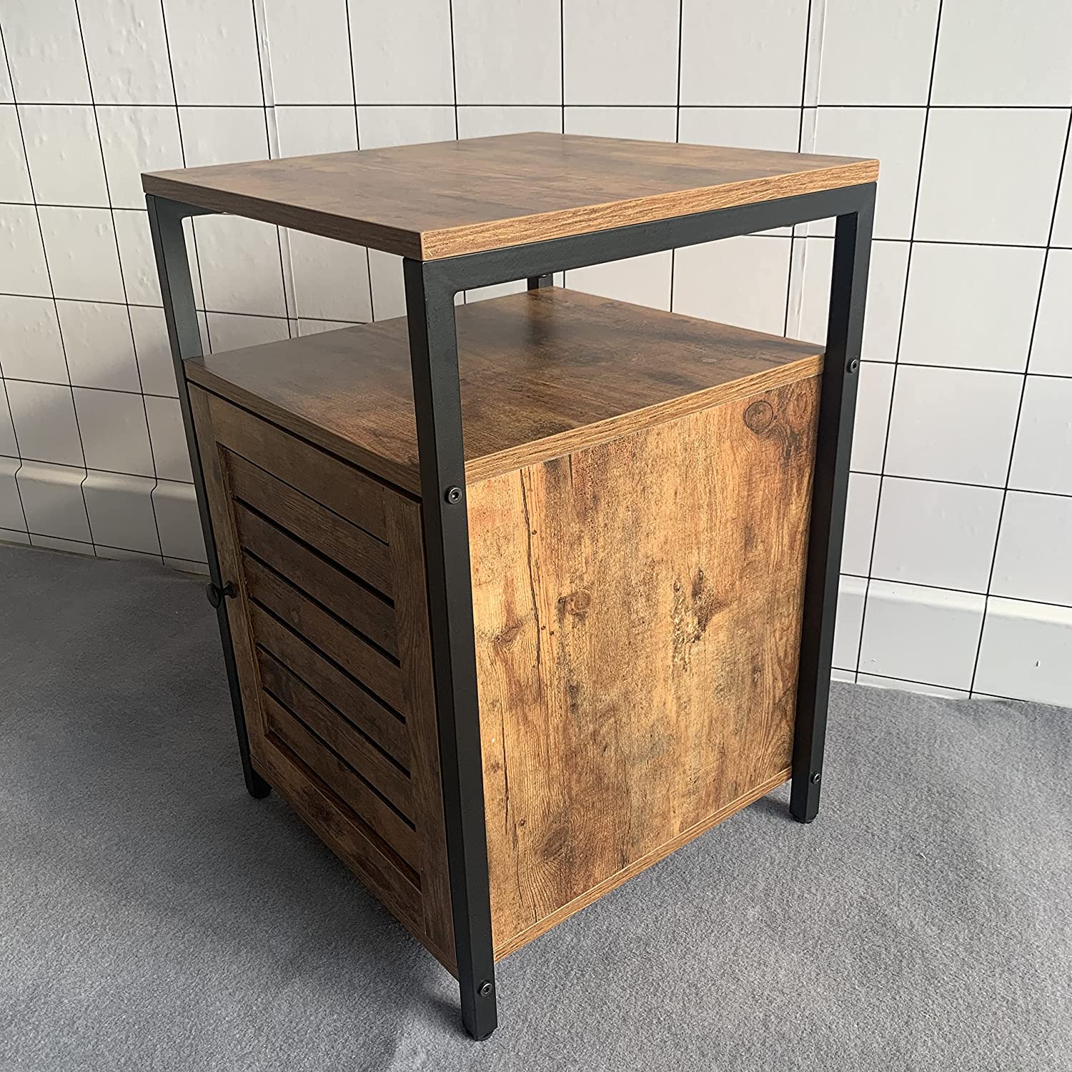 Industrial Style Wooden/Steel Rustic Bedside End Table Nightstand Shelf Cabinet With Shutter Door