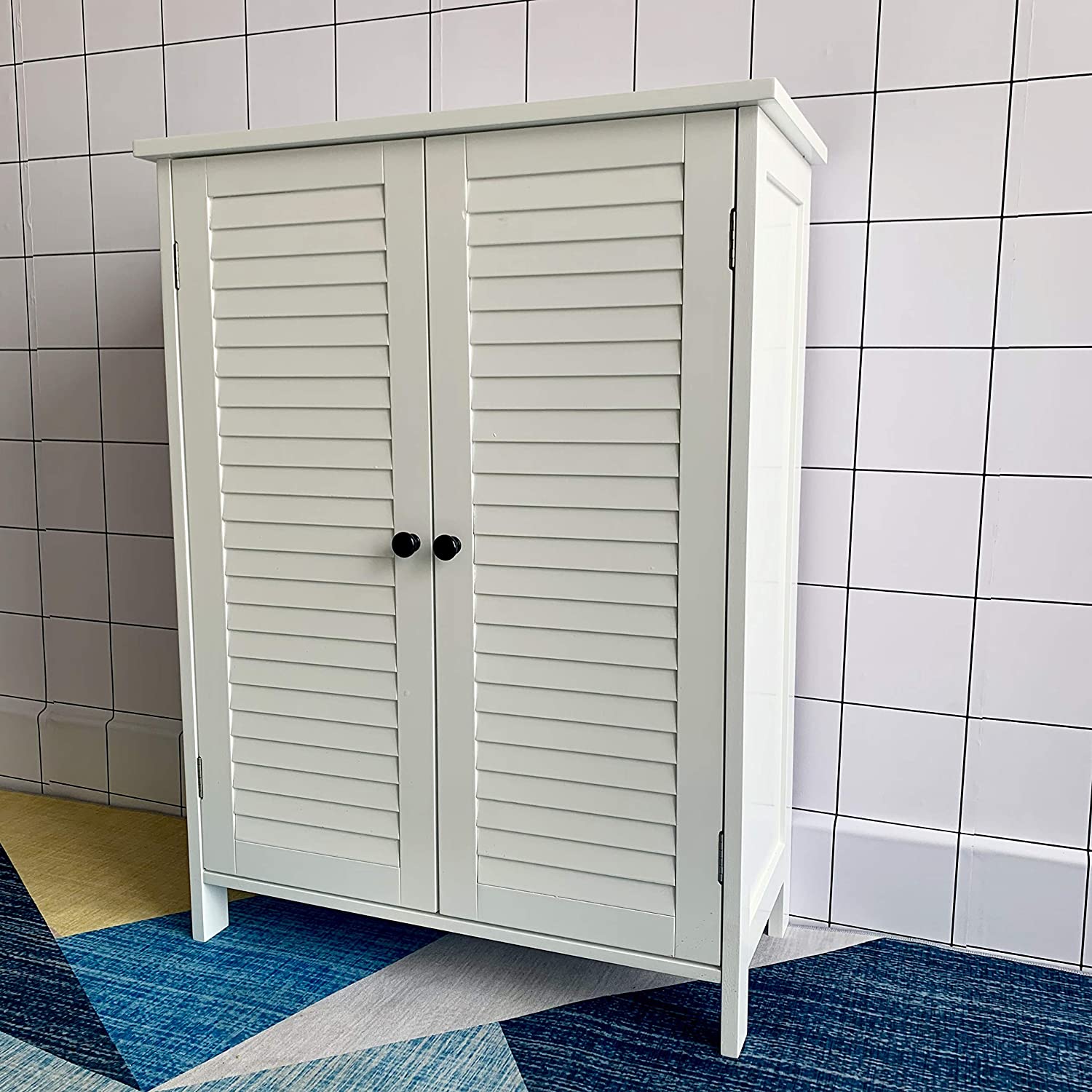 HYGRAD BUILT TO SURVIVE Cabinet White Bamboo Wood Free Standing 2 Door Bathroom Toilet Cabinet Organiser Shelf Cupboard