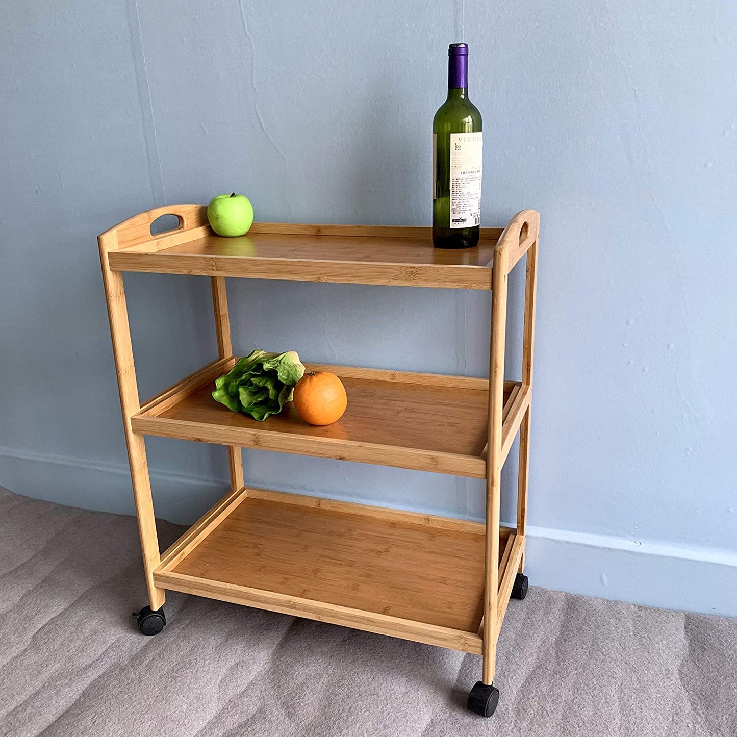 Hygrad Bamboo 3 Tier Kitchen Storage Rack Serving Trolley Island Cart With Wheels