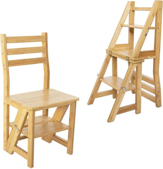HYGRAD BUILT TO SURVIVE Innovative Creative Transforming Folding Fold Up Library Steps Step Ladder Chair Kitchen Office Use Natural Bamboo Colour