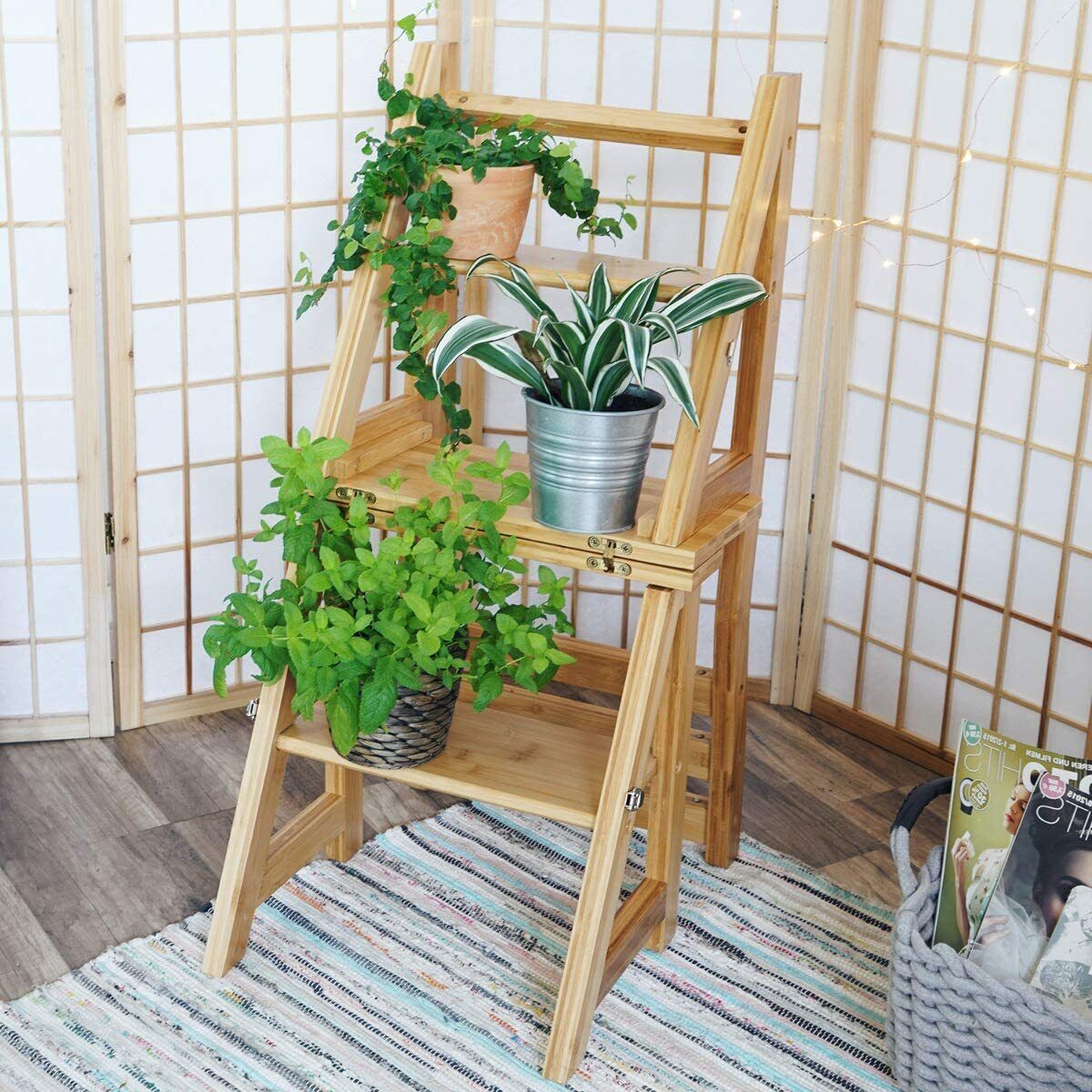 HYGRAD BUILT TO SURVIVE Innovative Creative Transforming Folding Fold Up Library Steps Step Ladder Chair Kitchen Office Use Natural Bamboo Colour